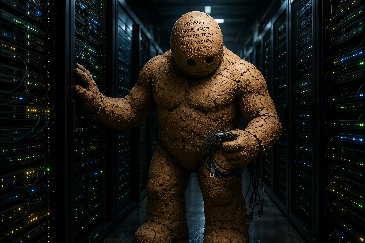 A clay golem standing in a server aisle, a prompt inscribed on its forehead.