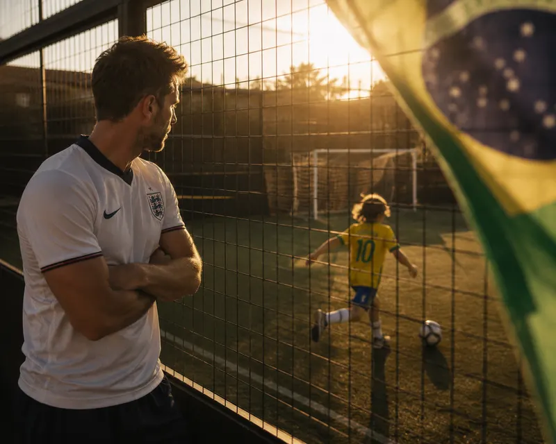 A father and son in football kit on a Brazilian pitch at dusk, the boy mid-stride with a ball.