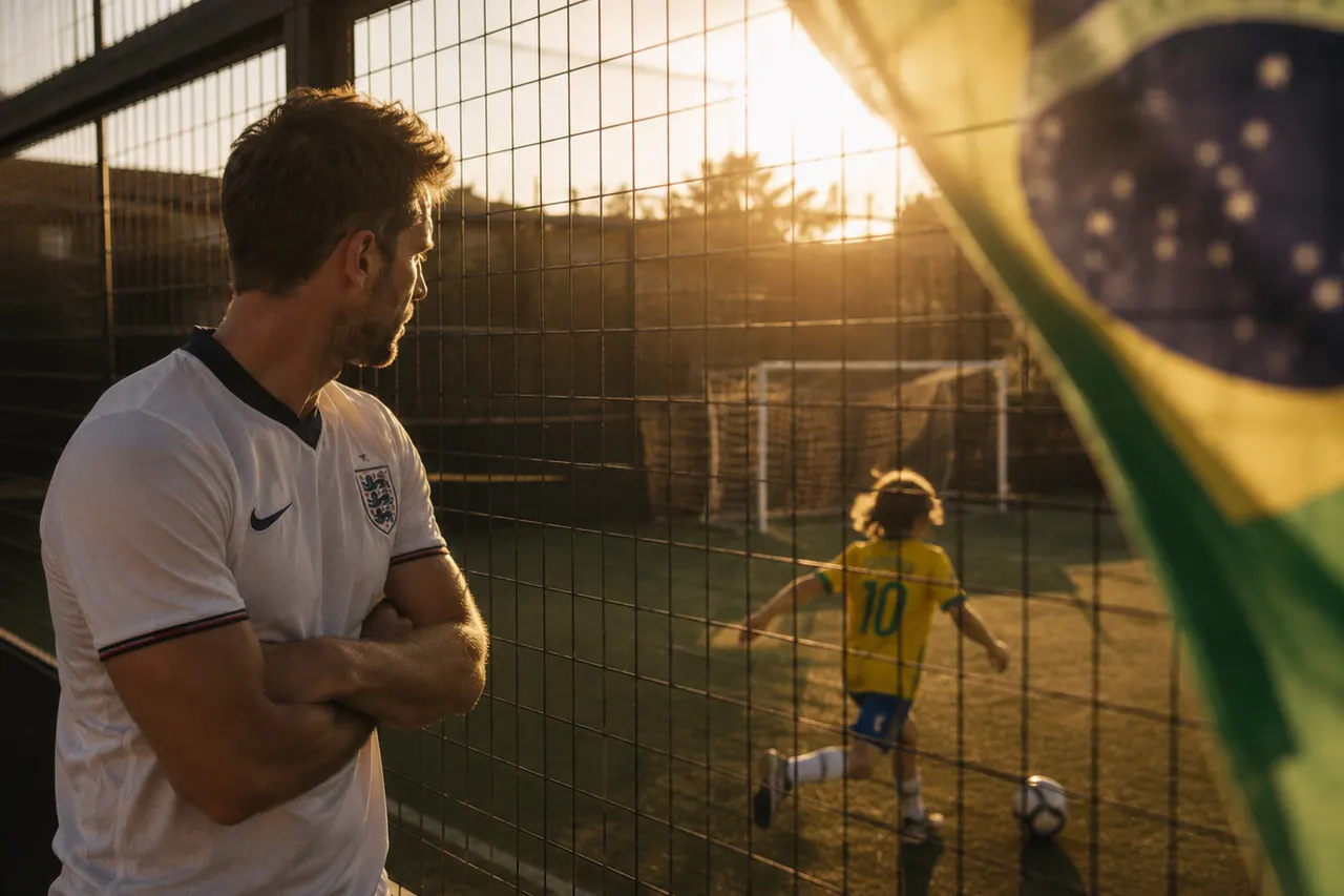 A father and son in football kit on a Brazilian pitch at dusk, the boy mid-stride with a ball.