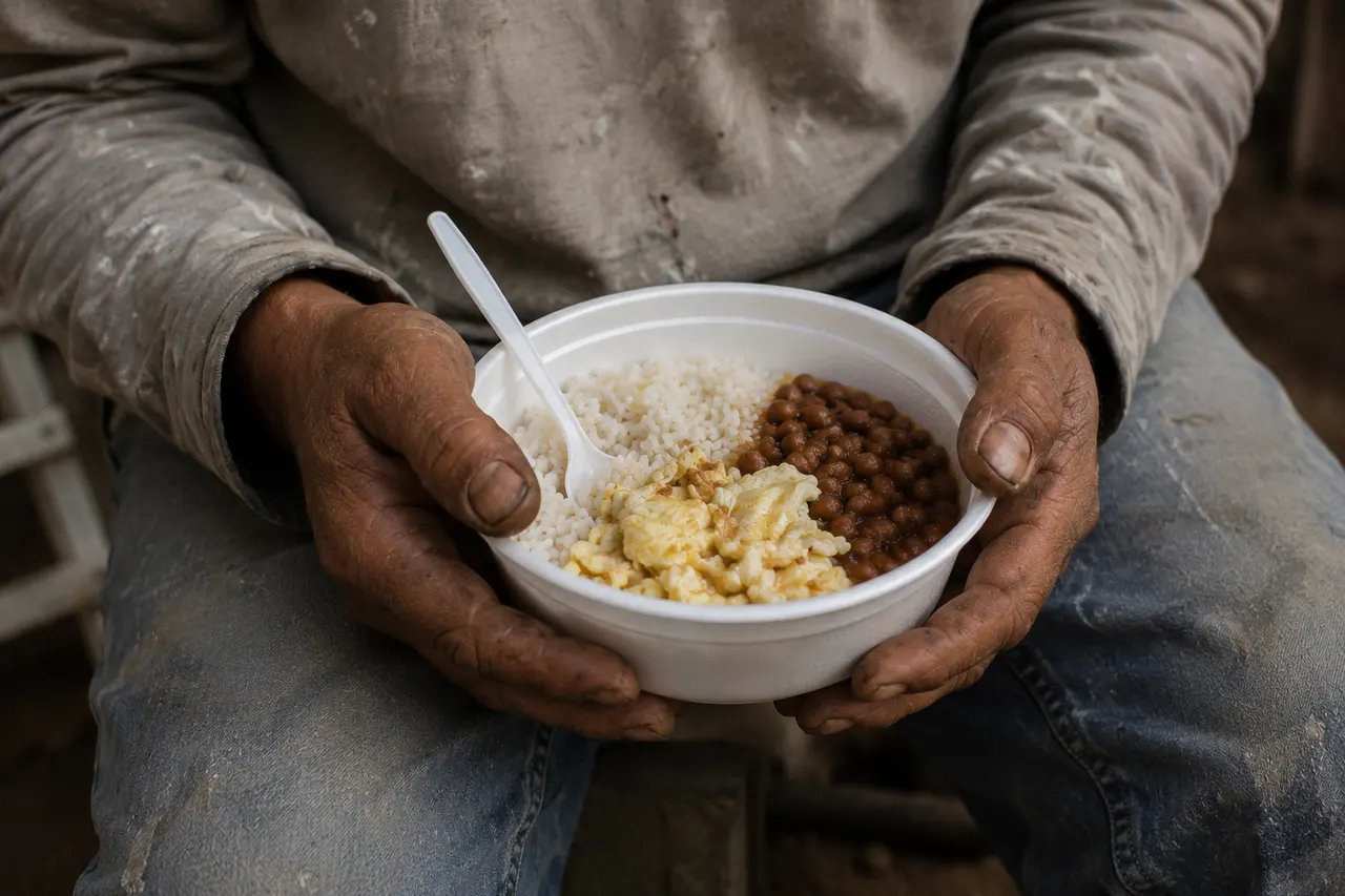 A working lunchbox of rice, beans and meat being warmed on a small kitchen stove in a São Paulo home.